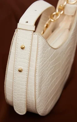 Cream Croc Crescent Mixed Chain Strap Shoulder Bag