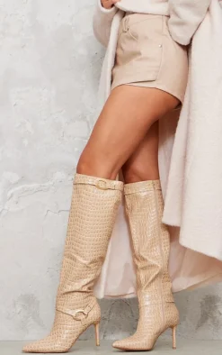 Cream Croc PU Point Toe Ring Detail Knee High Heeled Boots