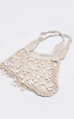 Cream Crochet Knit Shell Detail Beach Shopper Bag