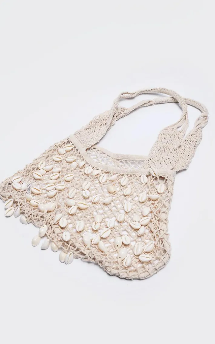 Cream Crochet Knit Shell Detail Beach Shopper Bag