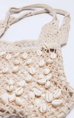 Cream Crochet Knit Shell Detail Beach Shopper Bag