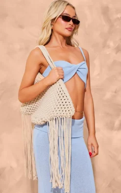 Cream Crochet Shoulder Tassel Beach Bag