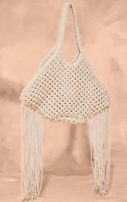 Cream Crochet Shoulder Tassel Beach Bag