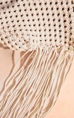 Cream Crochet Shoulder Tassel Beach Bag