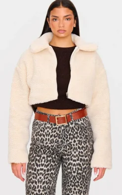 Cream Cropped Borg Zip Up Jacket