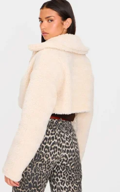 Cream Cropped Borg Zip Up Jacket