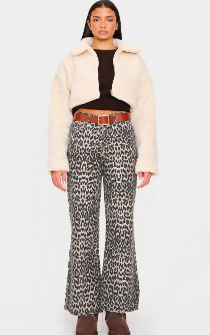 Cream Cropped Borg Zip Up Jacket