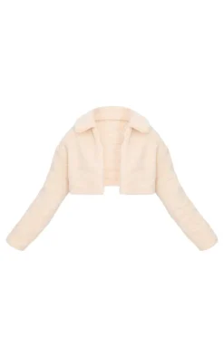 Cream Cropped Borg Zip Up Jacket