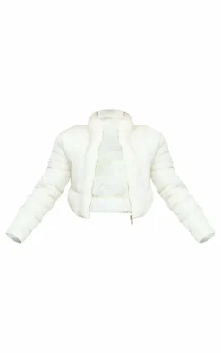 Cream Curved Collar Seam Detail Cropped Puffer Jacket