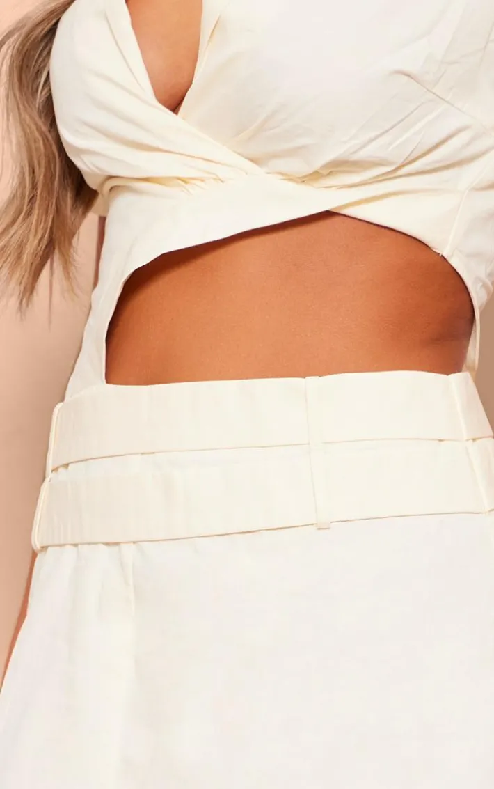 Cream Cut Out Belted Short Sleeve Bodycon Dress