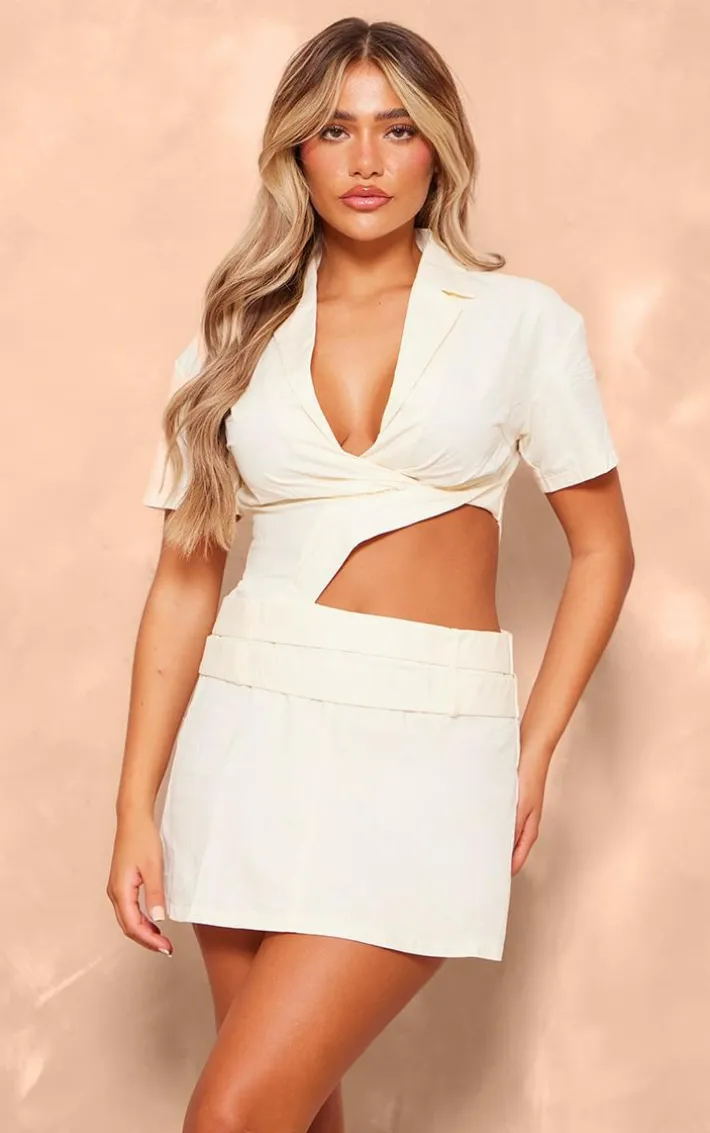 Cream Cut Out Belted Short Sleeve Bodycon Dress