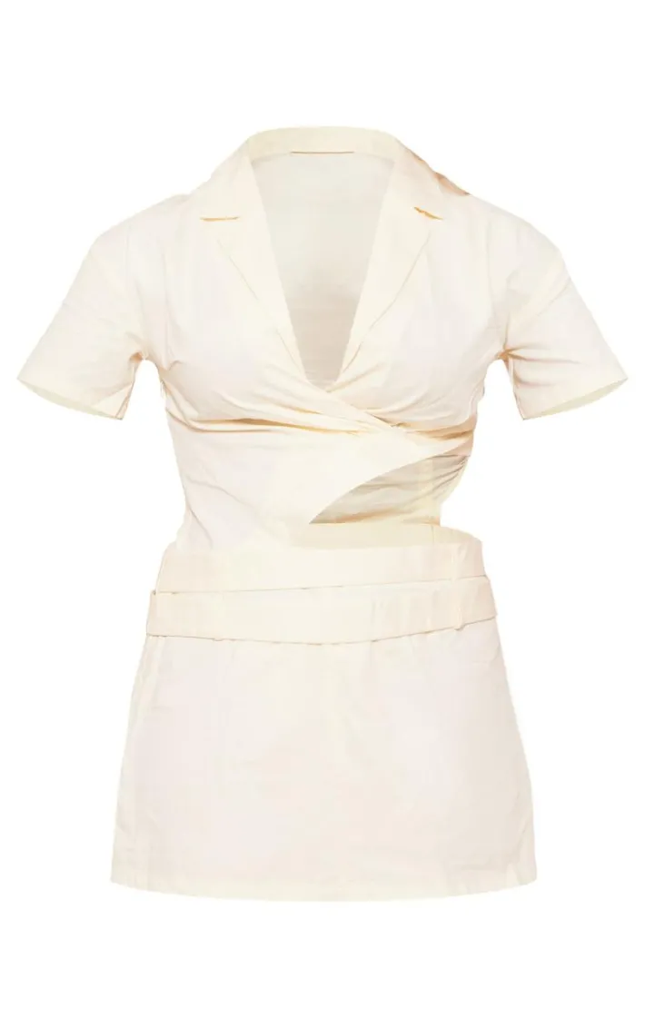 Cream Cut Out Belted Short Sleeve Bodycon Dress