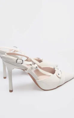 Cream Denim Buckle Sling Back High Stiletto Court Heels