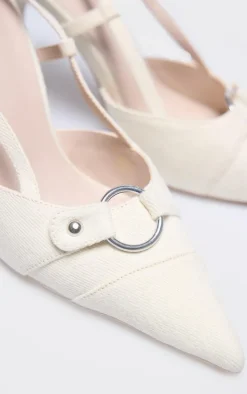 Cream Denim Buckle Sling Back High Stiletto Court Heels