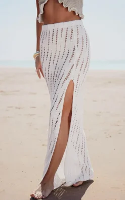 Cream Distressed Knit Maxi Skirt