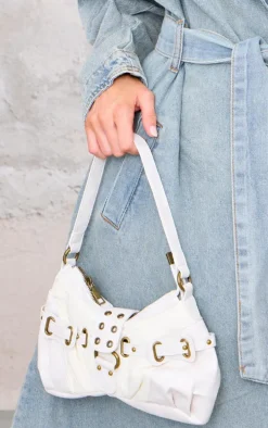 Cream Distressed PU Nylon Detail Shoulder Bag