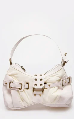 Cream Distressed PU Nylon Detail Shoulder Bag