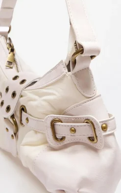 Cream Distressed PU Nylon Detail Shoulder Bag