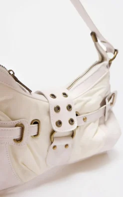 Cream Distressed PU Nylon Detail Shoulder Bag