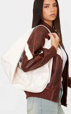Cream Distressed PU Super Slouchy Tote Bag