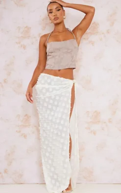 Cream Distressed Sheer Polka Dot Tie Waist Maxi Skirt