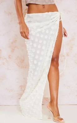 Cream Distressed Sheer Polka Dot Tie Waist Maxi Skirt