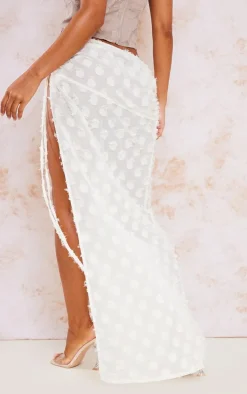 Cream Distressed Sheer Polka Dot Tie Waist Maxi Skirt
