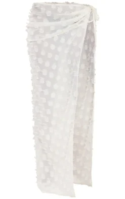 Cream Distressed Sheer Polka Dot Tie Waist Maxi Skirt