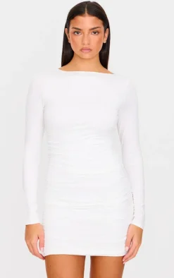 Cream Double Contour Ruched Detail Bodycon Dress