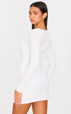 Cream Double Contour Ruched Detail Bodycon Dress