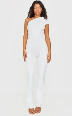 Cream Double Layer Contour Jersey Asymmetric Ruched Detail Jumpsuit