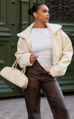Cream Dropped Shoulder Cropped Fur Contrast Jacket