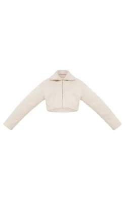 Cream Dropped Shoulder Cropped Fur Contrast Jacket