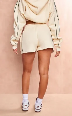 Cream Embroidered Graphic Contrast Runner Shorts