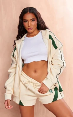 Cream Embroidered Graphic Contrast Runner Shorts