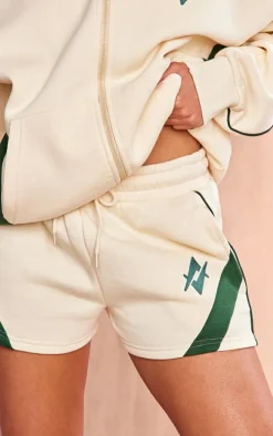 Cream Embroidered Graphic Contrast Runner Shorts