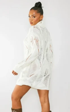 Cream Extreme Distressed Knitted Sweater Dress