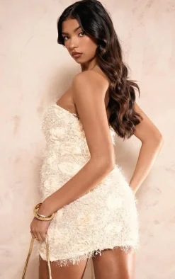 Cream Eyelash Bandeau Rose Detail Mini Dress