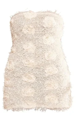 Cream Eyelash Bandeau Rose Detail Mini Dress