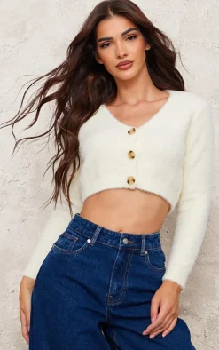 Cream Eyelash Knit Crop Button Up Cardigan