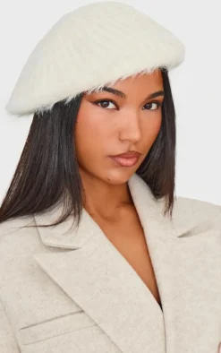 Cream Eyelash Knit Rib Oversized Beret