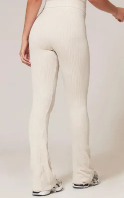 Cream Faded Snatched Rib Flared Folded Waist Pants