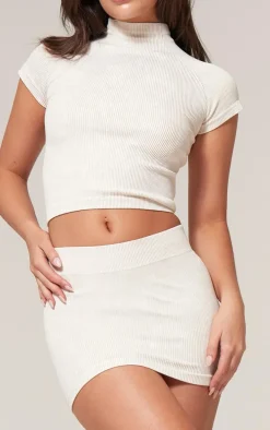 Cream Faded Snatched Rib Micro Mini Skirt