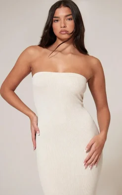 Cream Faded Snatched Rib Bandeau Midaxi Dress