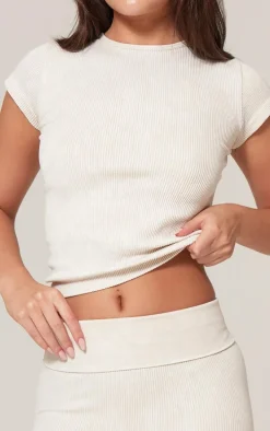 Cream Faded Snatched Rib Short Sleeve Detail Crop Top