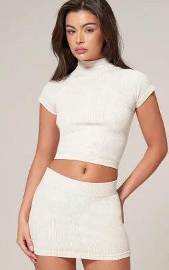 Cream Faded Snatched Rib High Neck Fitted Top