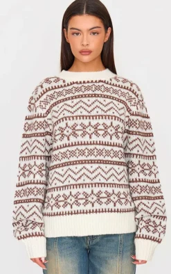 Cream Fairisle Crew Neck Knit Sweater