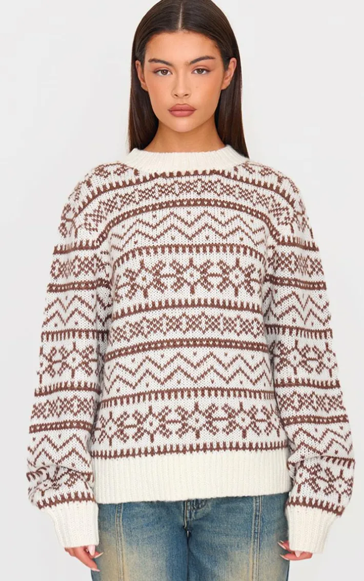 Cream Fairisle Crew Neck Knit Sweater
