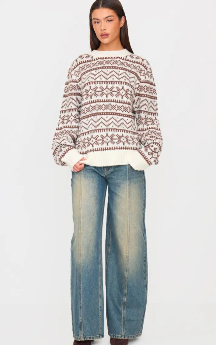 Cream Fairisle Crew Neck Knit Sweater