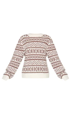 Cream Fairisle Crew Neck Knit Sweater